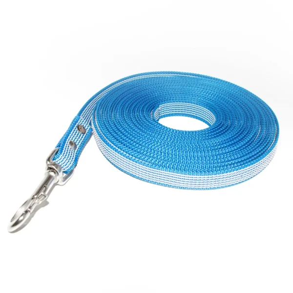 10m Fährtenleine gummiertes Gurtband 20mm in Blau mit Edelstahl