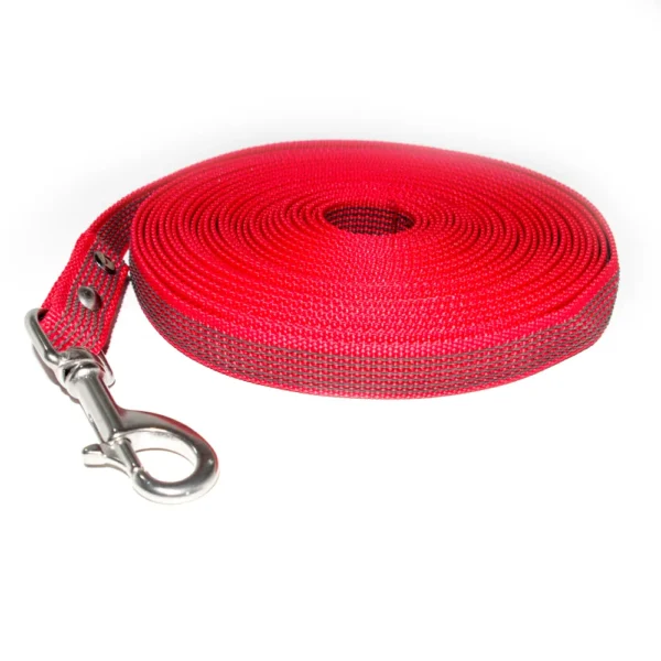 10m Fährtenleine gummiertes Gurtband 20mm in Rot mit Edelstahl