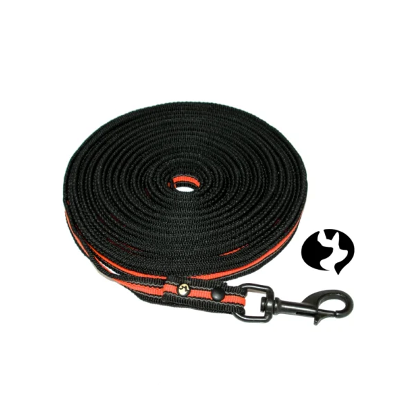 10m Fährtenleine flexibles gummiertes Gurtband 20mm neonorange mit schwarzem Edelstahl