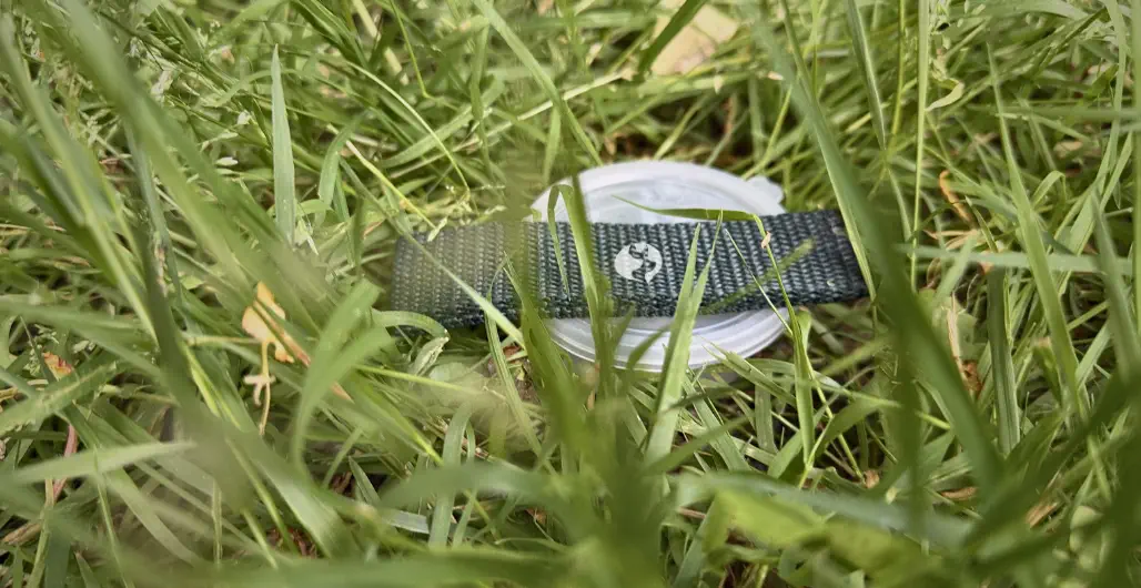 Fährtendosen richtig platzieren - transparente Fährtendose unter einem Gegenstand im Gras